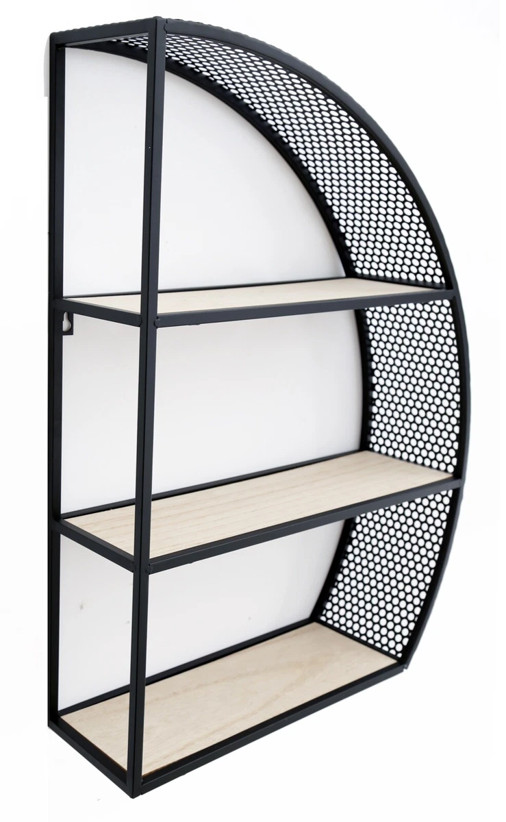 Wall Shelf Unit Large 3 Tier Semi Circle Black Metal Wooden Storage Shelves Rack