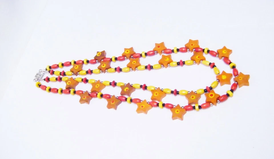 Collar/pulsera/pendiente de cuentas de madera ovaladas rojas/amarillas en forma de estrella naranja de 2 hilos Foto 4 de 4