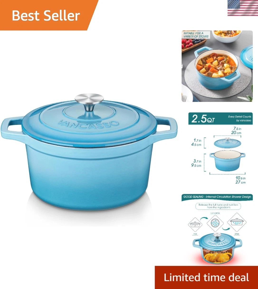 Enameled Cast Iron Dutch Oven, 2.5 QT Blue Naturally Non-Stick Casserole Dish...