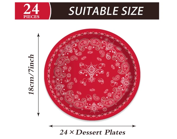 24 Pratos de Sobremesa Western Bandana Vermelha, Estampa Paisley Festa de Cowboy Descartável - Imagem 4 de 4