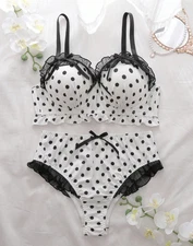 White polka dot  Satin with lace Bra & Panties Lingerie Set XL(14) NEW