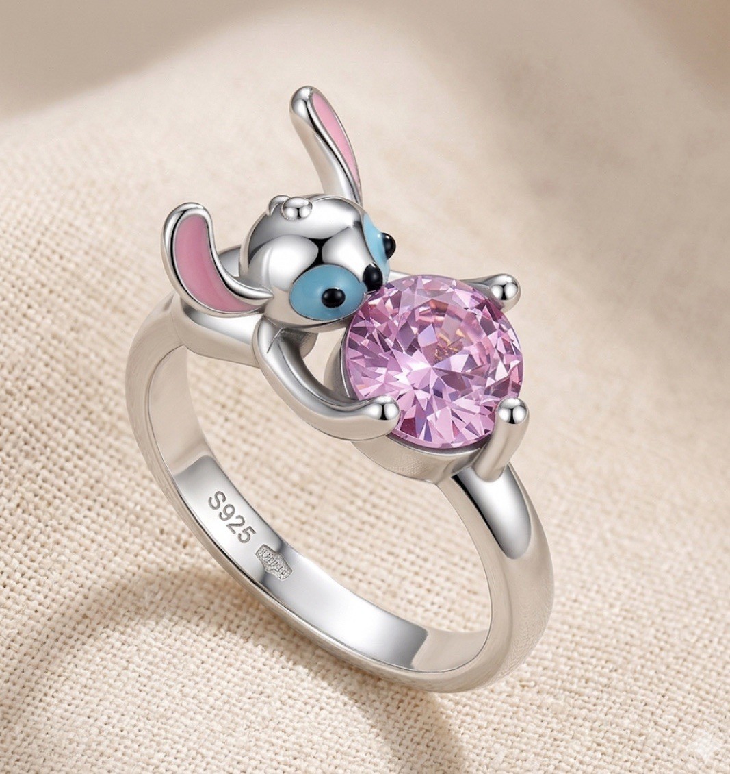 Lindo anillo de cristal de puntada en plata de ley 925 rosa circón anillo de dibujos animados para ella