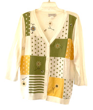 Christopher Banks Cardigan Sweater Women  s M Bees Flowers Color Block 3/4 Sleeve