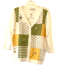 Christopher Banks Cardigan Sweater Womens M Bees Flowers Color Block 3/4 Sleeve