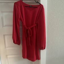 SHEIN Red Scoop Neck Belted Long Sleeve Knee Length Sheath Dress, Size L