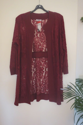MAGNA Mantel Long Jacke Cardigan 48 50 NEU bordeaux rot Spitze Stretch LAGENLOOK