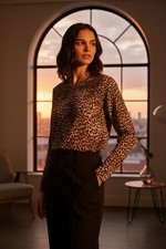 Women's Cache Long Sleeve/Round Neck Top, Size S - Leopard Print w/Beaded Design