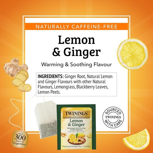 Twinings Lemon & Ginger Herbal Tea Individually Wrapped Bags, 100 Count Free Sh - Picture 4 of 6