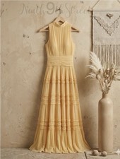BHLDN Juniper Dress Metallic Tiered Backless High-Neck Gown Yellow Size 8 NWT