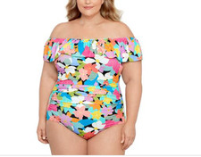 Swim Solutions Womens Off-the-Shoulder Floral Print One-Piece Size 22W 9291
