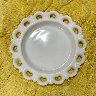 White Milk Glass Pressed Round Plate Open Lace Rim Floral Glossy Decor