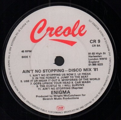 Enigma (80's Group) Ain't No Stopping 7'' vinyl UK Creole white card outer sleeve