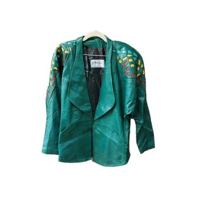 VTG 80s Jean Claude Jitrois Green Leather Jacket Sz 42 Designer Art FLAWS 