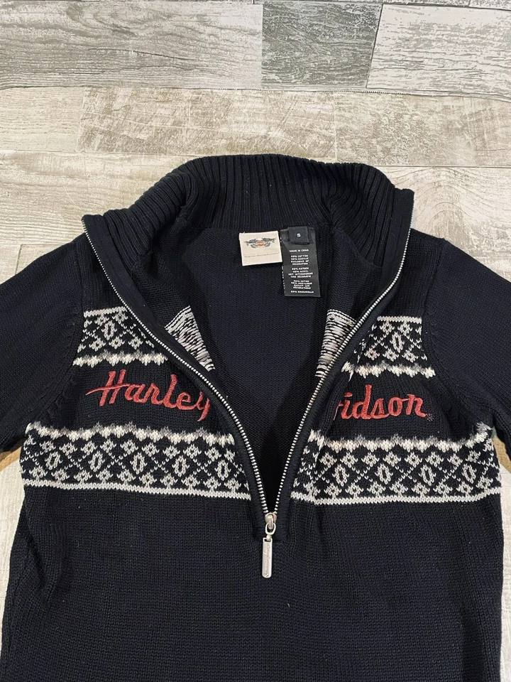 Suéter suéter negro bordado con cremallera 1/2 Harley Davidson para mujer talla pequeña Foto 3 de 4