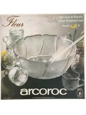 Arcoroc France Fleur Punch Set 8 Person Glassware Punch Bowl Cups Ladle Box PPWH