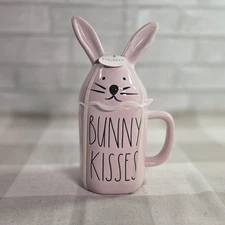 Bunny Kisses Pink Valentines Day Mug w/Rabbit Ears Lid Spring Easter Gift Cute