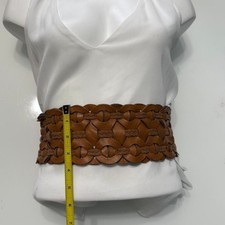 Vintage Tan Faux Leather Woven Wide Stretch Belt   Boho Waist Cincher