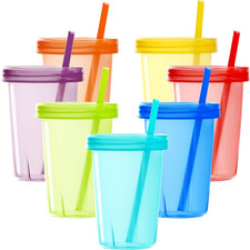 7 Sets Plastic Kids Cups with Lids and Straws, 7 Reusable Toddler Cups with Stra