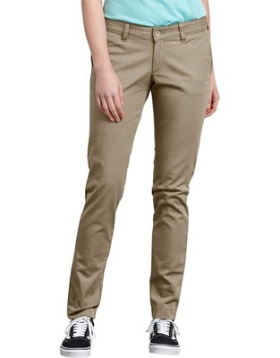 Dickies Women's Mid-Rise, Skinny Stretch Twill Pant, Rinsed Desert Sand, 6RG