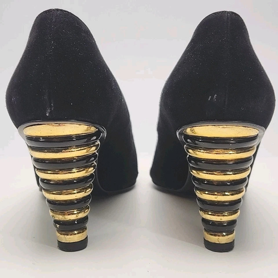 Stuart Weitzman Shoe Gold Black Suede 3" Heel Size 8W Wide Pointed Toe Dressy - Image 4 of 4