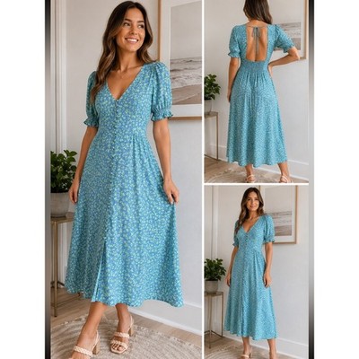 MNG Mango Blue Green Floral Button Front Midi Dress Puff Sleeve Open Back Size L