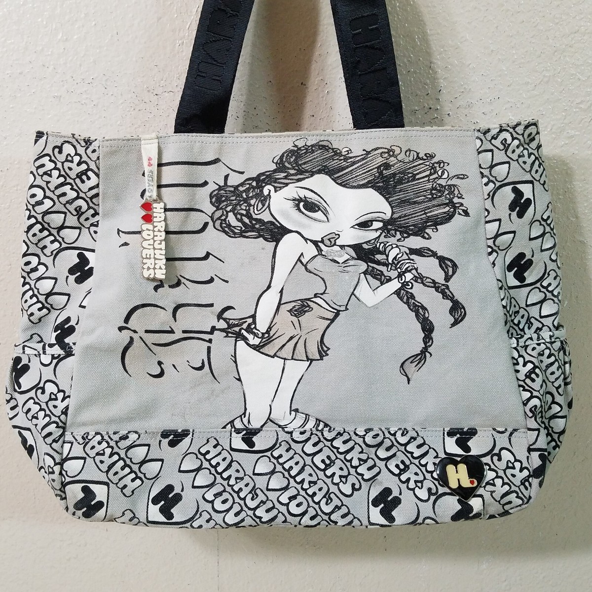 HARAJUKU LOVERS Tote Bag Large Black/Gray Fabric Purse RARE