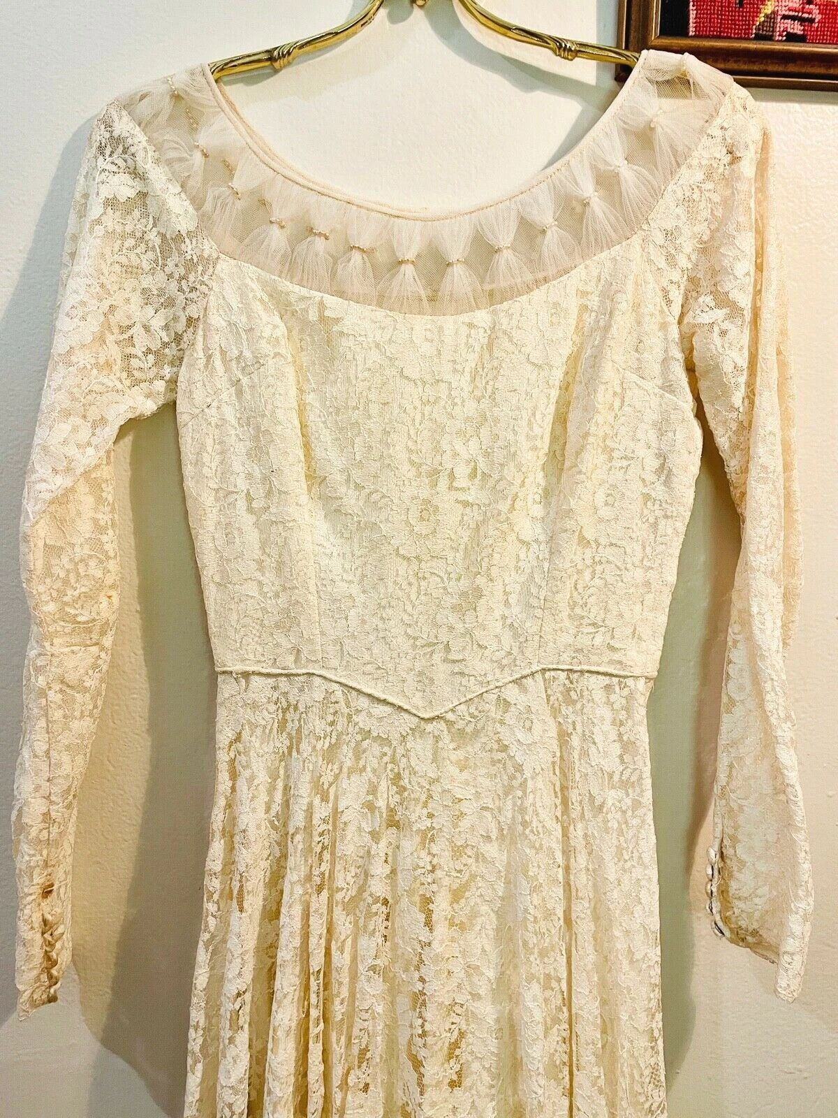 OFF WHITE Abito da sposa vintage anni 50 bianco sporco pizzo e tulle perle nuovo look gonna a cerchio *xxs xs