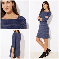 Loft Textured Knit Blue White Striped Square Neck Shift Dress 3/4 Sleeves Sz S