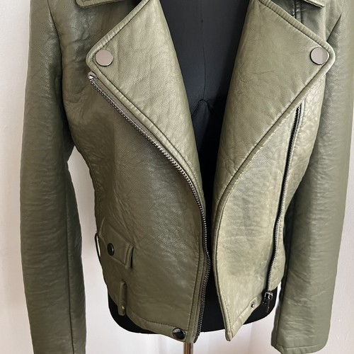 Joe’s Jeans faux leather Motorcycle biker jacket olive green L Large Coat Vegan - Picture 2 of 11