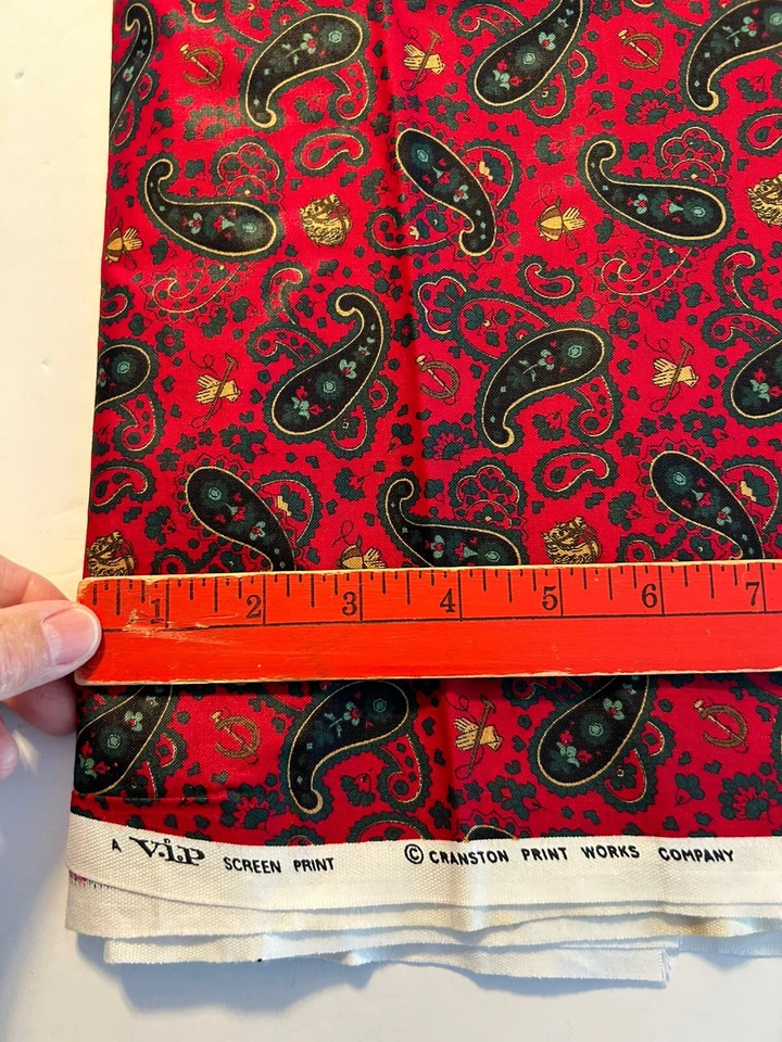 VTG Paisley Print Cotton Fabric Cranston Equestrian Horses 35” X 44” Red - Image 3 of 3