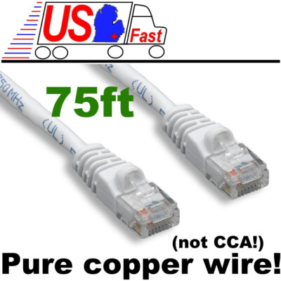ALL COPPER! 75ft long RJ45 Cat5e Ethernet/Network UTP Cable/Cord/Wire $SH {WHITE