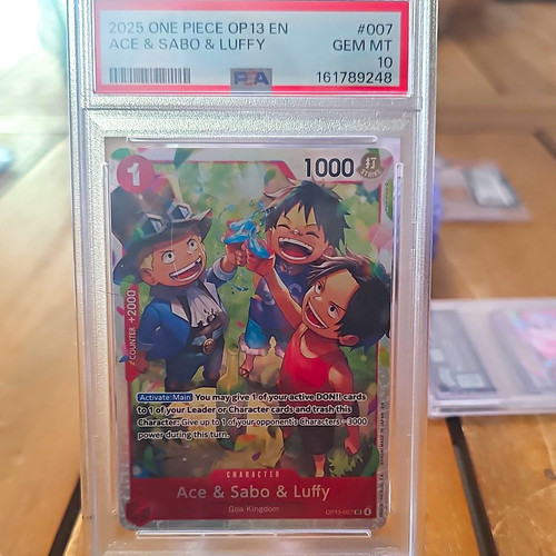Bandai PSA 10 Ace & Sabo & Luffy OP13-007 EN Super Rare Foil 2025