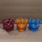 set of 3 Vintage Fenton Hobnail Amber , Blue and Red  Bowl Ruffle Vases