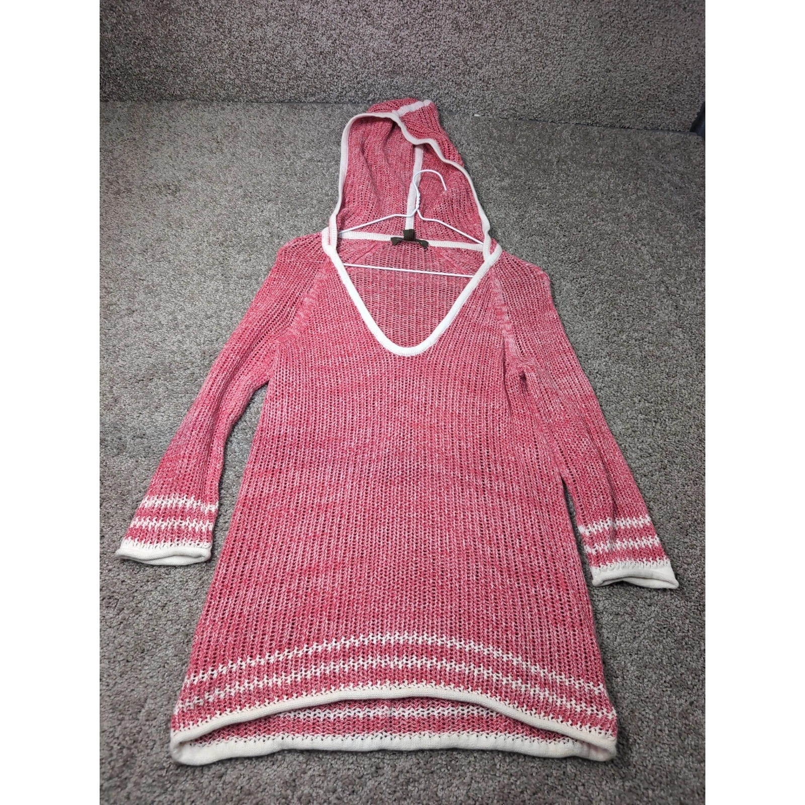 Tommy Bahama Womens Coral Pink White Marled Open Knit V-Neck Hoodie Sweater S/P