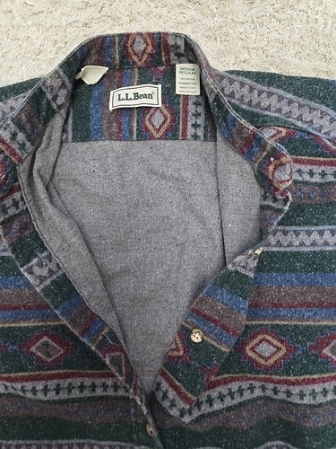 Vintage LL Bean men’s L gray green flannel with brown, red, and blue Aztec-style patterns and white label inside collar.
