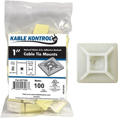 Zip Tie Mounts, 1  Sq, Natural White, 100 Pcs, Adhesive Backed Multi-Purpose Mou