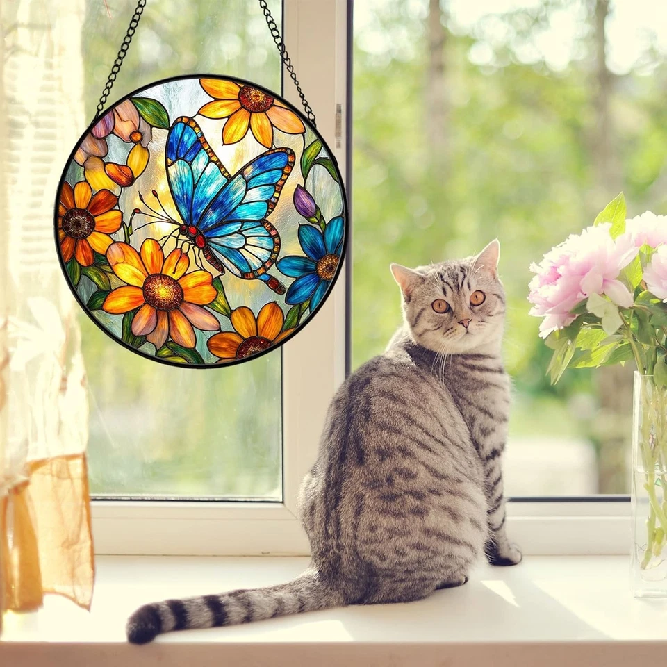 Decoración colgante ventana atrapasol vitral flor amarilla mariposa Foto 3 de 4