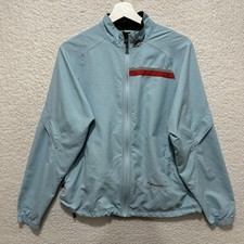 Brooks For Women's Running Jacket Size L Light Blue Red Horizontal Stripe Detail