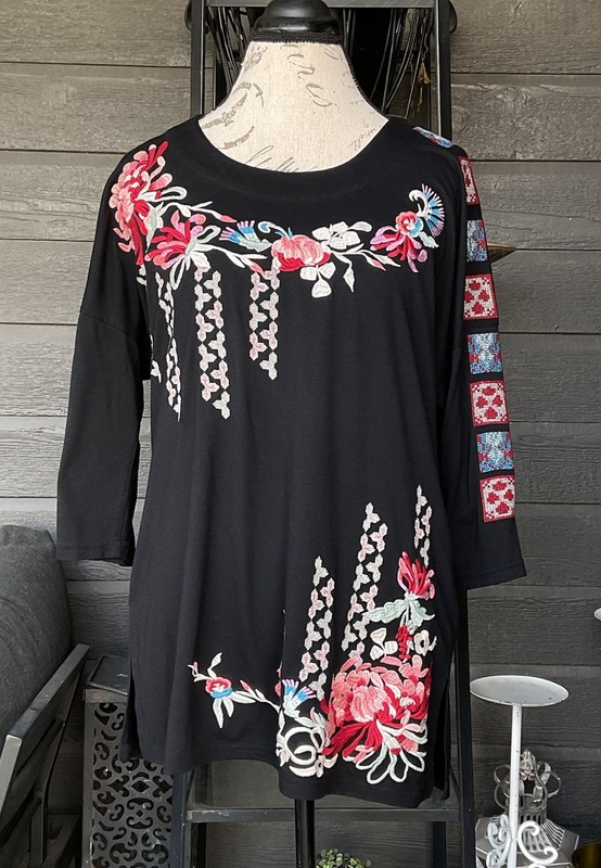 Paparazzi Embroidered Floral Shirt Top Blouse Cotton Boho Hippie Cottage Large