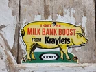 VINTAGE KRAFT PORCELAIN SIGN OLD KRAYLETS MILK BANK BOOST 1955 DAIRY FARM PIG