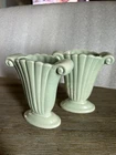 Vintage Pair Red Wing Pottery  Fan Vase green #950  6" tall USA Pair