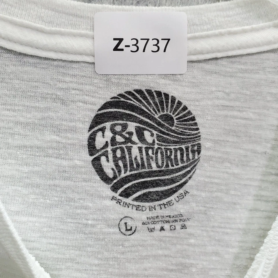 Camiseta C&C California Hombre Grande Blanca Logo Gráfico Puesta de Sol Playa Olas Cuello Redondo Foto 2 de 4