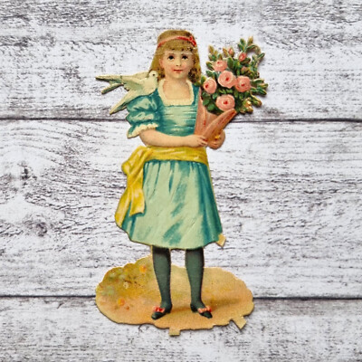 um 1900 Mädchen Kind Taube Blume Vintage Victorian Glanzbild Prägedruck Ephemera