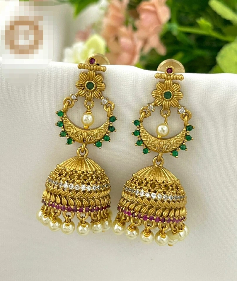 Pendientes largos Jhumka Jhumki tradicionales indios de Bollywood dorados circonita cúbica oxidados Foto 3 de 4