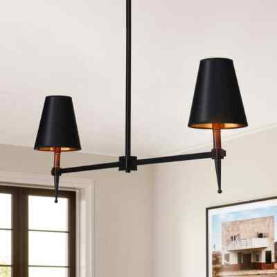 SILJOY 47 in. 2-Light Black Modern Farmhouse Chandelier Kitchen Pendant Light