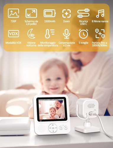 Baby Monitor Video e Audio 2,8" 720P 2000mAh IPS Zoom Digitale VOX Visione Funzi - Foto 2 di 9