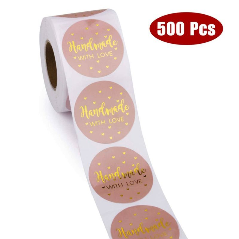 500pcs/roll Handmade with Love Stickers Gold Foil Round Seal Labels