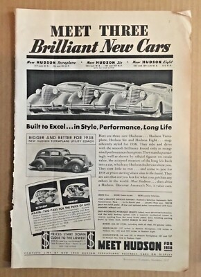 1938 Hudson Eight Six auto print ad 1937 orig vintage 1930s retro car Terraplane