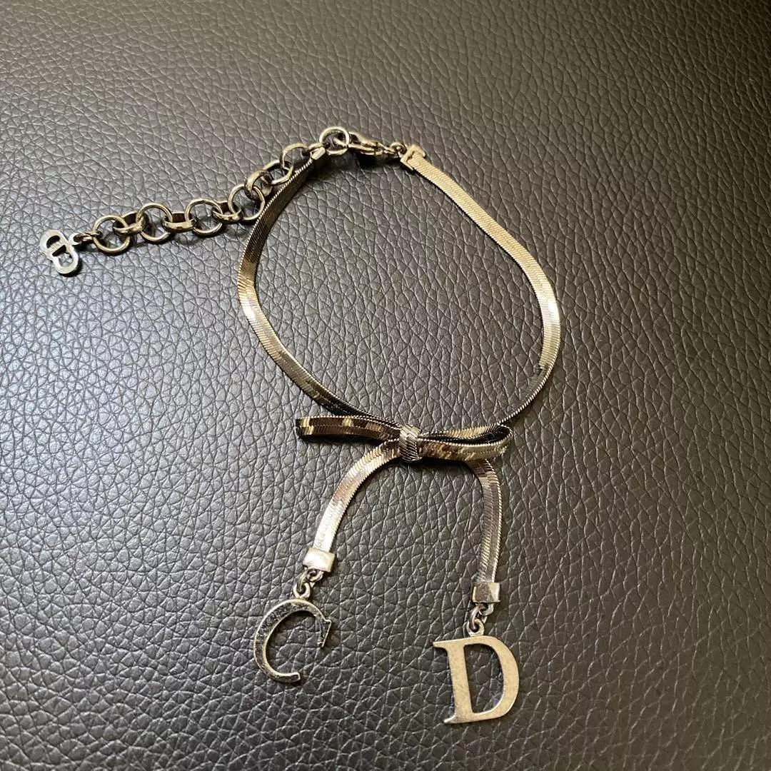 Christian Dior C&D Logo Noeud Bracelet Bracelet Métal Plaqué Bijoux Accessoire Auth
