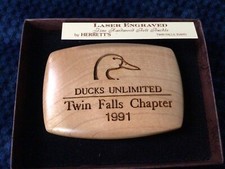 IDAHO Ducks Unlimited 1991 belt buckle LAZER ENGRAVED Hardwood Herretts TwinFall